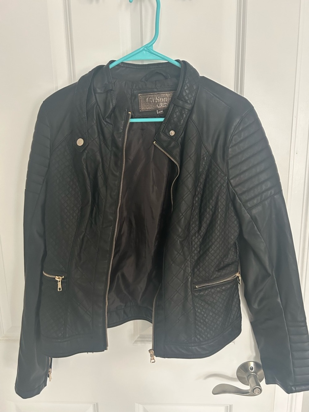 Ci Sono Black Quilted Faux Leather Moto Jacket with Gold Zippers